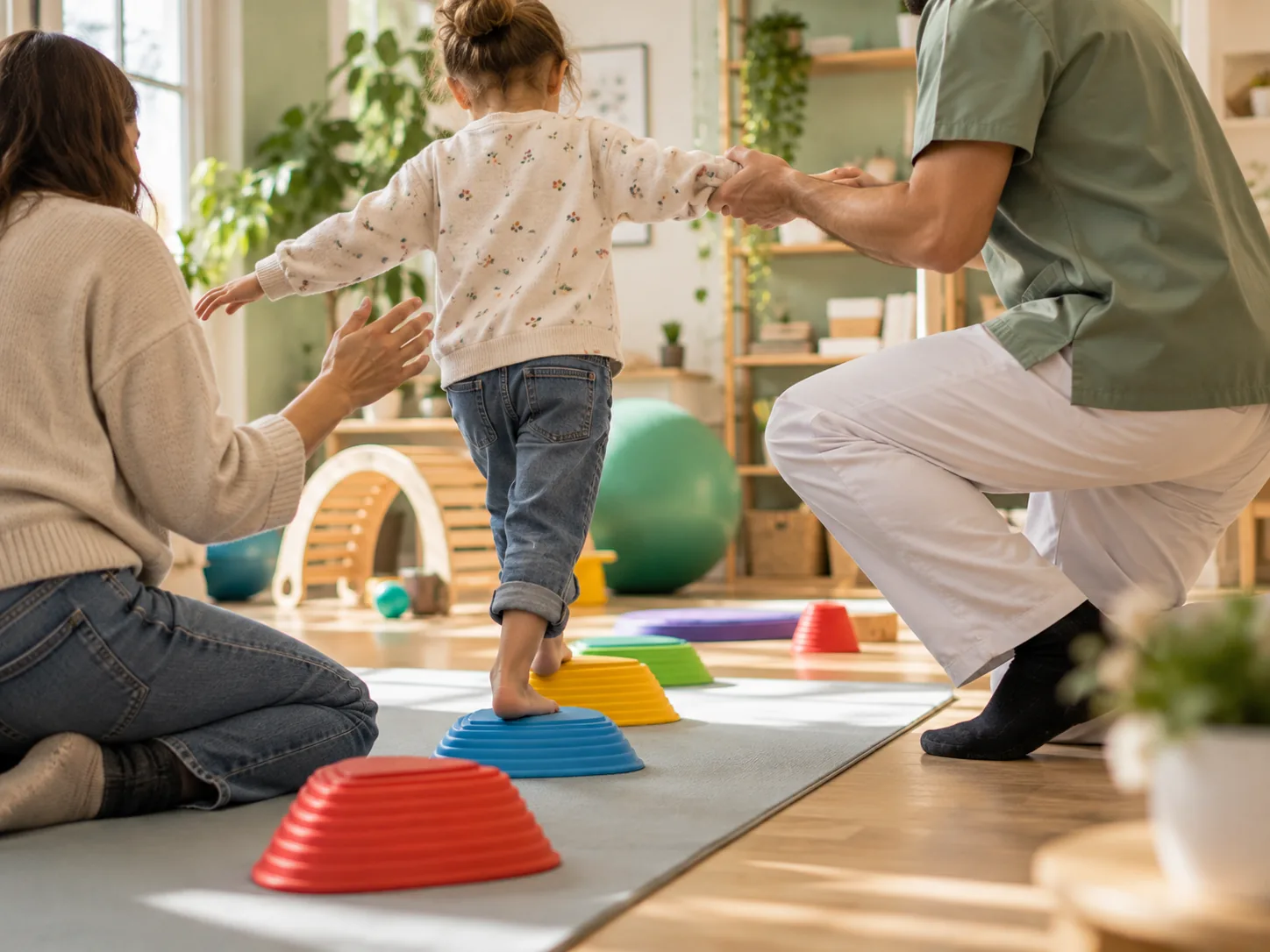 Bambino svolge un esercizio di equilibrio con il supporto di un professionista e di un genitore