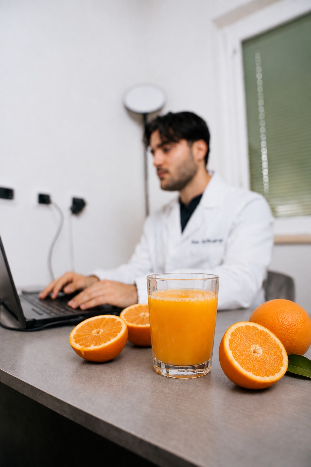Giorgio Conforzi, biologo nutrizionista, al computer con frutta fresca