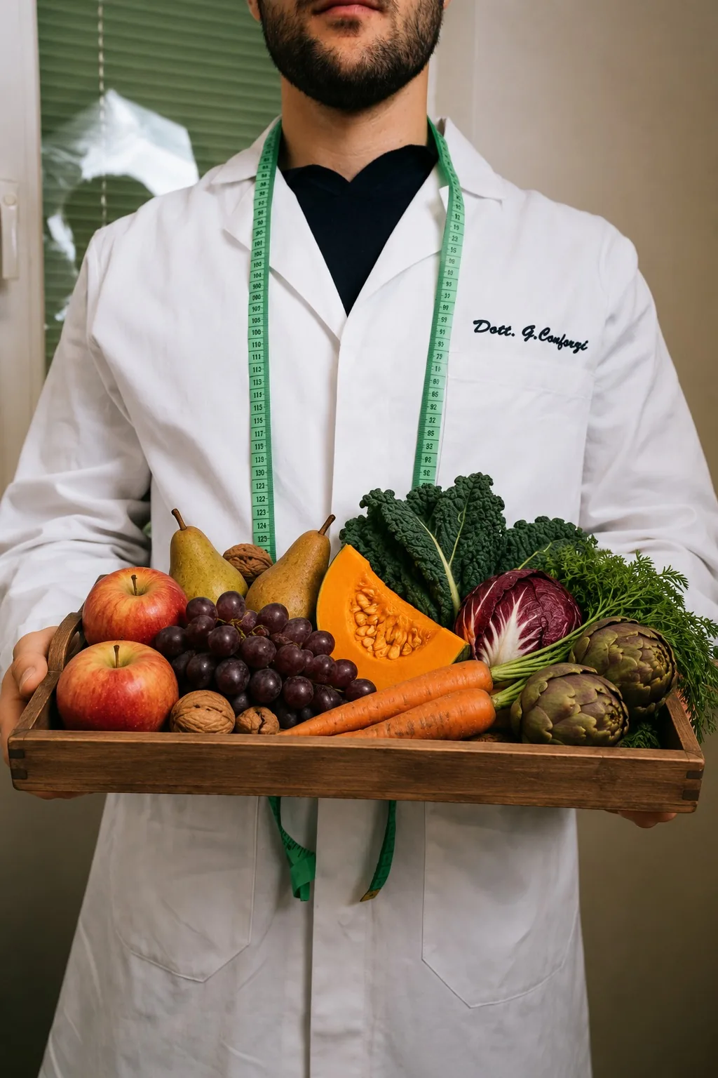 Giorgio Conforzi, biologo nutrizionista, con un cesto di frutta e verdura fresche